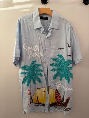 South Beach Light Blue Palm Print Button-Down Shirt